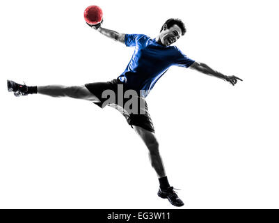ein junger Mann Ausübung Handballer Silhouette Studio auf weißem Hintergrund Stockfoto
