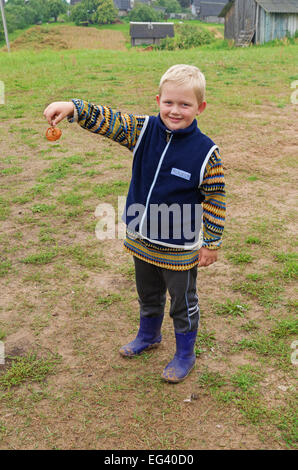 Der junge hält ein Skelett von der Apfel in der hand von Wespen gefressen. Stockfoto