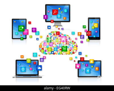 3D Computergeräte isoliert auf weiss mit apps Icons. Cloud-Computing-Netzwerk-Konzept Stockfoto