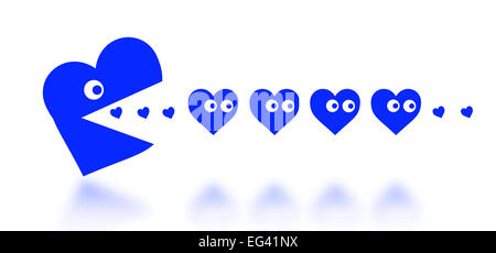 Konzept der dating - große Pacman Herzen Jagd Herzchen - blau Stockfoto