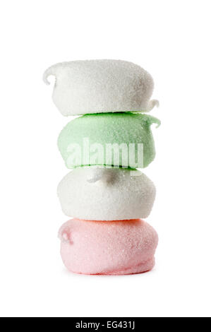 Marshmallow-Stack, isoliert auf weiss Stockfoto