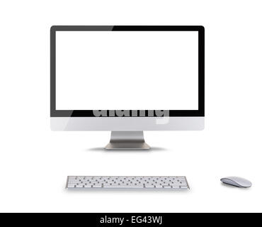 Moderne Computer-Display mit leerer weißer Bildschirm, Maus und Tastatur. Ansicht von vorne. Isoliert auf weißem Hintergrund Stockfoto