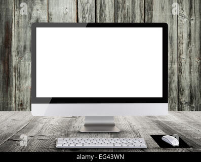 Moderne Computer-Display mit Tastatur und Maus auf Holzbohlen gelegt. Ansicht von vorne. Stockfoto