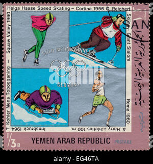 Y.A.R.-ca. 1971: eine Briefmarke gedruckt in arabischen Republik Jemen zeigt Olympische Spiele - Gewinner aus Italien. ca. 1971 Stockfoto