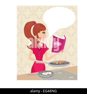 Schöne Frau in Küche Braten Stock Vektor