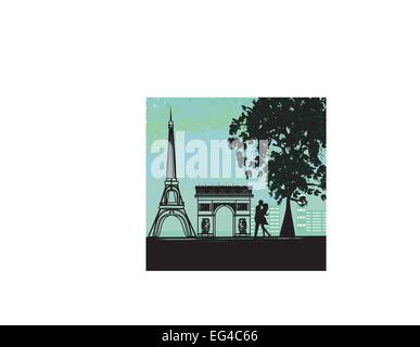 Romantisch zu zweit in Paris in der Nähe des Eiffelturms küssen Stock Vektor