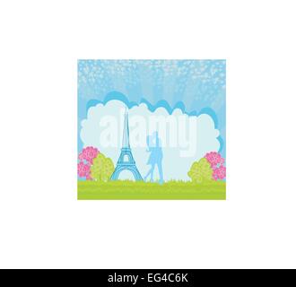 Romantisch zu zweit in Paris in der Nähe des Eiffelturms küssen Stock Vektor