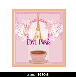 Liebe Paris Eiffel Turm und Kaffee über rosa Hintergrund. Vektor-illustration Stock Vektor