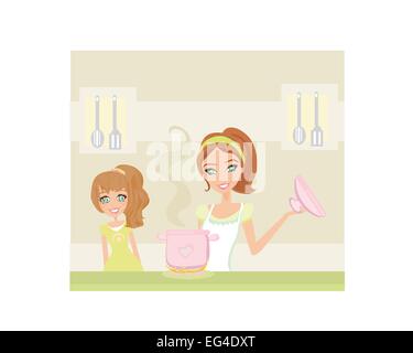 Tochter Mutter kochen zu betrachten Stock Vektor
