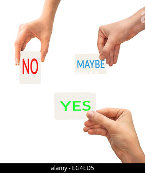 Hände halten ja, Nein und vielleicht Karte Stockfoto