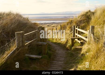 Fuß Weg Stile Dünengebieten Gras bedeckt Sanddünen Solway Küste. Solway Cumbria England UK Stockfoto