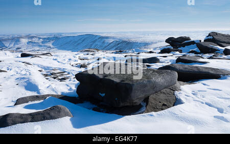 Blick in Edale Kinder Low-Gipfels im Peak District an einem sonnigen Tag im Schnee Stockfoto