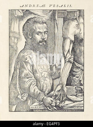 Holzschnitt-Porträt von Andreas Vesalius (1514-1564) mit seziert Kadaver aus seinem Buch "De Humani Corporis Fabrica Libri Septem" veröffentlichte im Jahre 1543. Siehe Beschreibung für mehr Informationen. Stockfoto
