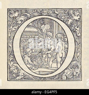 Beleuchtete ' o ' aus "De Humani Corporis Fabrica Libri Septem" von Andreas Vesalius (1514-1564) veröffentlicht im Jahre 1543. Gezeigt, Putten kochen einen Schädel, weiches Gewebe zu entfernen. Siehe Beschreibung für mehr Informationen. Stockfoto