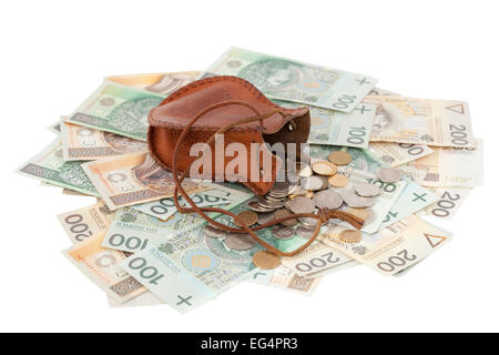 verschüttete Münzen mit Geldsack auf Banknoten Stockfoto