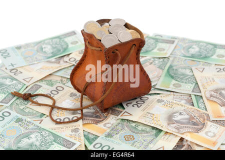 volle Geld-Beutel mit Münzen auf den Banknoten Stockfoto