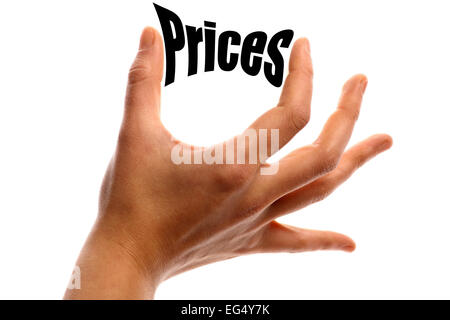 Schließen Sie erschossen zwei Finger quetschen das Wort "Preise". Stockfoto