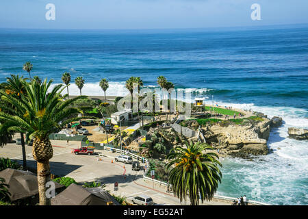 Kinder Strand in La Jolla, Kalifornien mit Touristen, Meer und Palmen Stockfoto