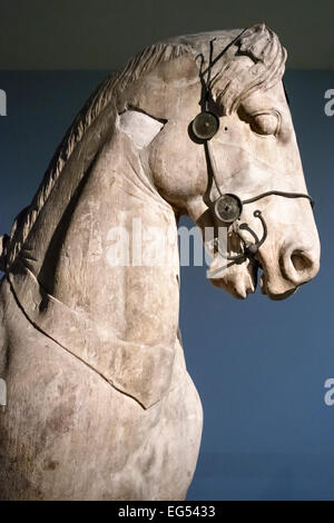 Das British Museum, London. Eine riesige Statue von einem Pferdekopf aus dem Mausoleum von Halikarnassos (Bodrum), ca. 350 v. Chr. gemacht Stockfoto