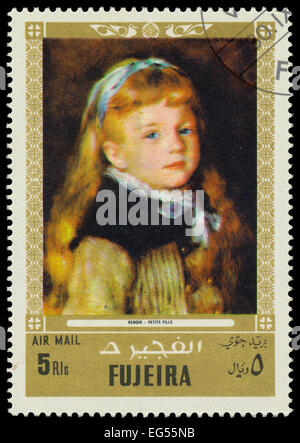 FUJEIRA - ca. 1972: Briefmarke gedruckt von Fujeira, zeigt ein Gemälde von Renoir - Petite Fille ca. 1972 Stockfoto