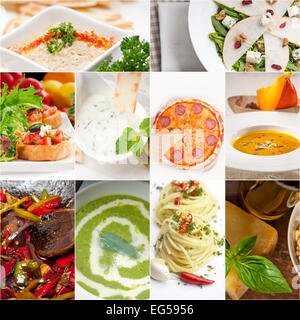 gesunde vegetarische Nudeln Suppe Salat Pizza italienisches Essen Heftklammern collage Stockfoto