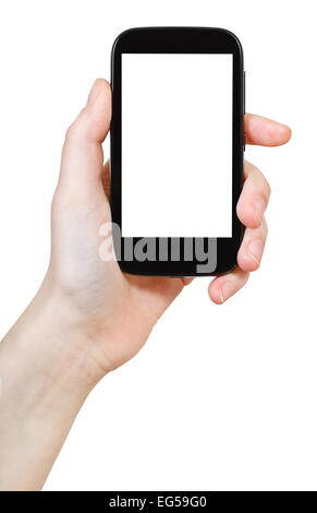 Hand hält Smartphone mit ausgeschnittenen Bildschirm isoliert auf weißem Hintergrund Stockfoto