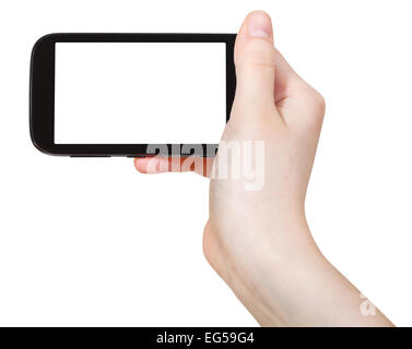Hand hält Smartphone mit ausgeschnittenen Bildschirm isoliert auf weißem Hintergrund Stockfoto