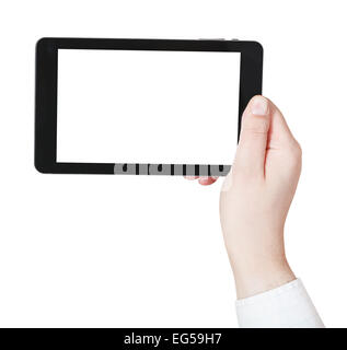 Geschäftsmann Hand mit Tablet-pc mit Ausschnitt Bildschirm isoliert auf weißem Hintergrund Stockfoto