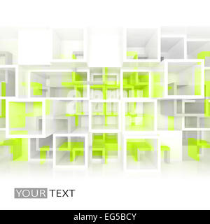 Abstrakt 3d design-Hintergrund mit weißen und gelben grünen chaotischen Zellen Struktur an der Wand Stockfoto