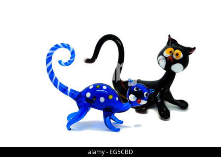 Zwei Murano Glass Katze Figuren blau und schwarz wie ein Ausschnitt Stockfoto