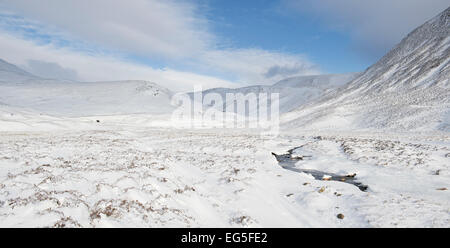 Winter-Stream im Schnee bedeckt Braemar Pass, Cairngorm National Park. Schottischen Highlands. Schottland Stockfoto