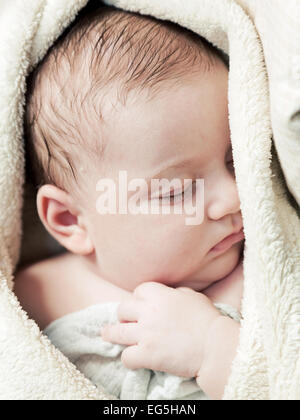 Schöne 3 Monate Baby schläft in weiche Decke Nahaufnahme Gesicht Porträt Stockfoto