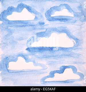 Blauer Himmel mit Wolken. Aquarell Malerei Stockfoto