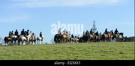 Oakham, UK. 17. Februar 2015. Cottesmore Hunt zu erfüllen. Eine große Gruppe von über hundert Anhängern unterstützt die Cottesmore Hunt. Bildnachweis: Nico Morgan/Alamy Live-Nachrichten Stockfoto