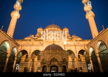 ISTANBUL, Türkei / Türkiye — der Innenhof der Neuen Moschee (Yeni Cami) in Istanbul. Die neue Moschee (oder Yeni Cami) liegt im geschäftigen Viertel von Istanbul, am südlichen Ende der Galata-Brücke. Sie stammt aus dem Jahr 1665. Der große Gebetssaal ist im charakteristischen osmanischen Kaiserstil dekoriert. Stockfoto