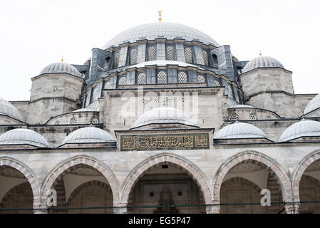 Suleymaniye-Moschee Höflichttürme und -Kuppeln Istanbul Türkei // ISTANBUL, Türkei — die Bögen und Kuppeln des Innenhof der Suleymaniye-Moschee zeigen klassisches osmanisches Architekturdesign. Der überdachte Portikus ist mit Marmorsäulen ausgestattet, die eine Reihe von Spitzbögen und kleinen Kuppeln unterstützen. Dieser Übergangsraum, bekannt als der letzte Gemeindeportikus, wurde vom Architekten Mimar Sinan entworfen. Stockfoto