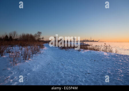 Die Morgendämmerung beleuchtete frigide Toronto Skyline bei dampfendem Gewässern vor Lake Ontario, als ein-25 C polare Luftmasse östlichen Nordamerika verschlingt Stockfoto