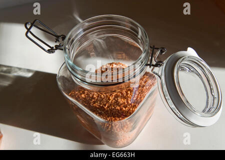 Nahaufnahme auf einem offenen Glas Glas mit der getrocknete rote Linsensuppe Bohnen Stockfoto