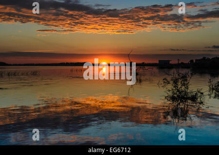 Wunderschönen Sonnenaufgang im Donau-Delta bei Chilia Veche, Romania. Stockfoto