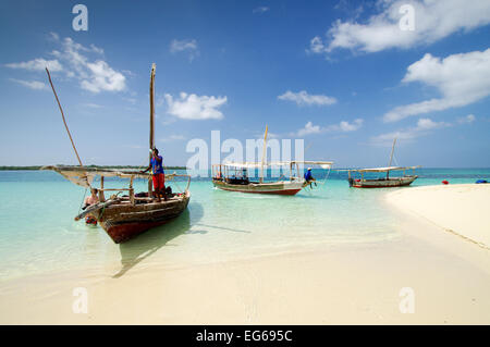 Hölzerne Boote festmachen an einer Sandbank vor Sansibar-Küste Stockfoto