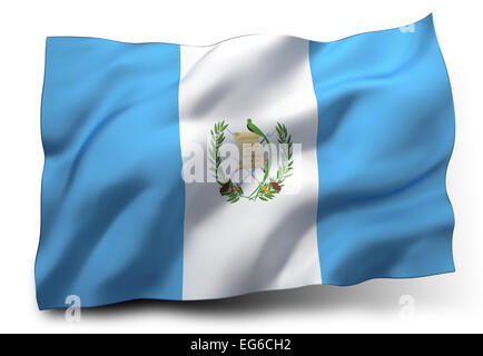 Wehende Flagge von Guatemala isoliert auf weißem Hintergrund Stockfoto