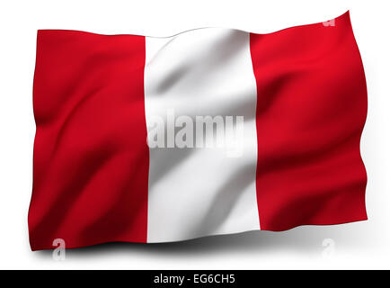 Wehende Flagge von Peru isoliert auf weißem Hintergrund Stockfoto