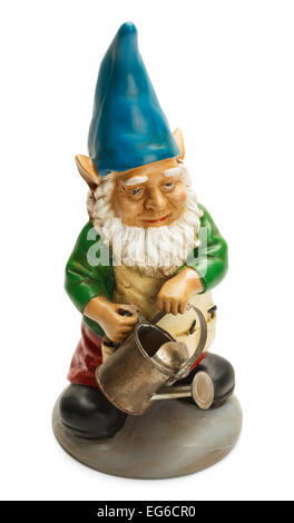 Gartenzwerg hält eine Gießkanne, Isolated on White Background. Stockfoto