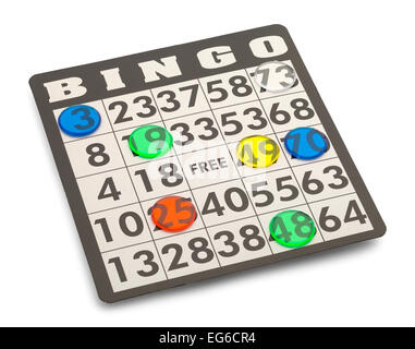 Bingo-Karte mit Spielfiguren, Isolated on White Background. Stockfoto