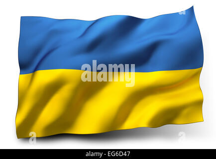 Wehende Flagge der Ukraine isoliert auf weißem Hintergrund Stockfoto