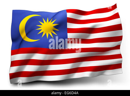 Wehende Flagge von Malaysia isoliert auf weißem Hintergrund Stockfoto