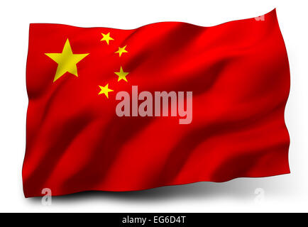 Wehende Flagge von China isoliert auf weißem Hintergrund Stockfoto