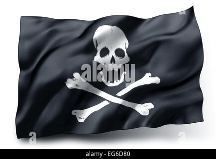 Schwarze Piratenflagge Jolly Roger mit Totenkopf-Symbol auf weißem Hintergrund isoliert Stockfoto