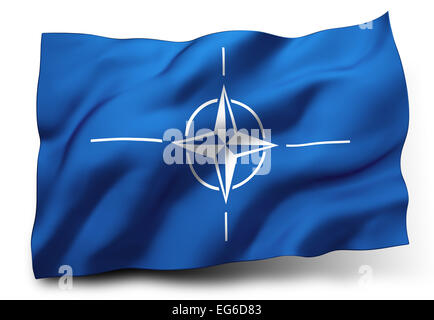 Wehende Flagge von NATO isoliert auf weißem Hintergrund Stockfoto