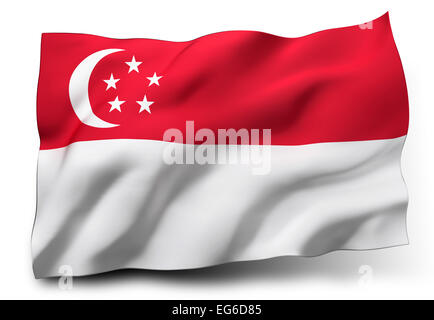 Wehende Flagge von Singapur isoliert auf weißem Hintergrund Stockfoto